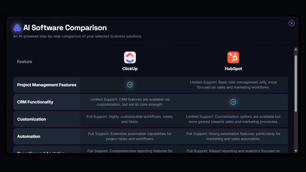 UI for a product comparison report
